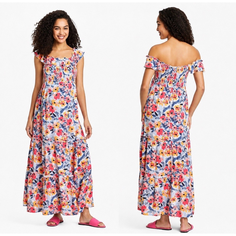 Isabel Maternity by Ingrid & Isabel Large Smocked Floral Rayon Ruffle Maxi Dress
